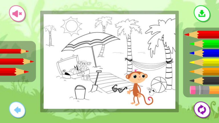 StoryZoo educational game featuring a beach-themed coloring activity with drawing tools