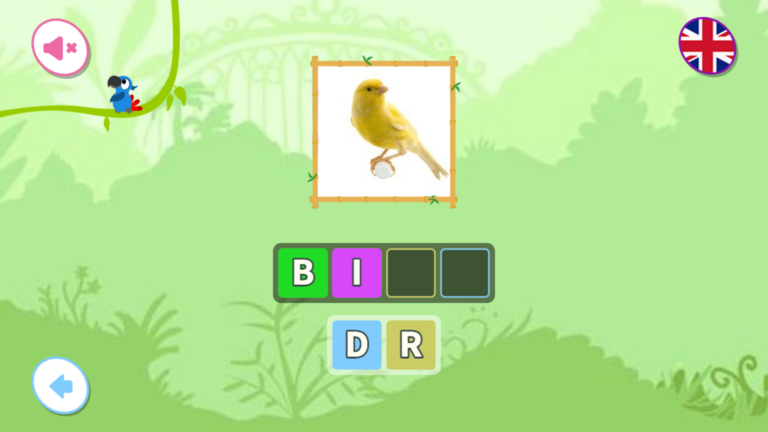 StoryZoo spelling game where kids build the word 'bird' using letter blocks and image clues