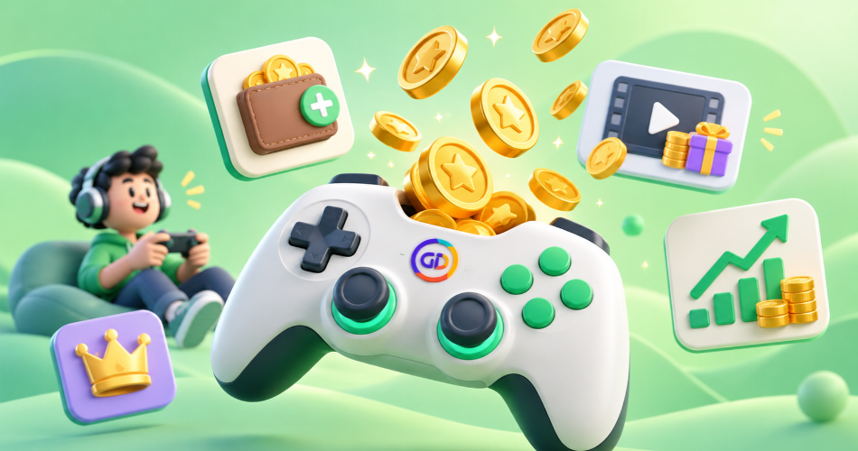 Stack of coins with data chart in background, representing digital revenue and game monetization strategy