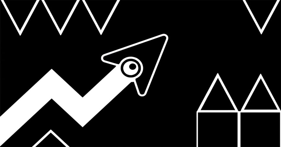 A white line drawing of a zig-zagging arrow navigating between spiked geometric obstacles in a high-contrast black and white platformer game.