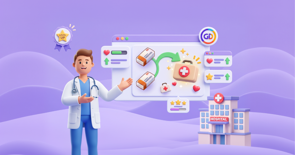 A 3D illustration of a doctor character presenting a merge puzzle interface, surrounded by medical kits, health UI elements, and a miniature clinic building, showcasing popular mechanics found in hospital games on a purple background.