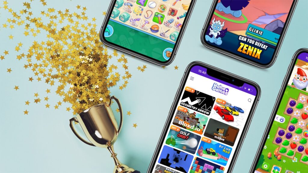 HahaGames platform on mobile devices with popular browser games and a trophy celebrating gaming success