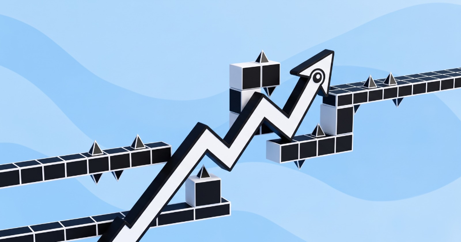 A 3D illustration on a blue background featuring a rising jagged arrow navigating through black and white cube obstacles and spikes, blending growth metrics with the visual style of the game Geometry Arrow.