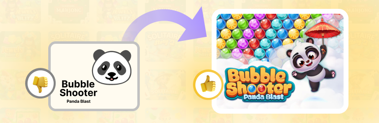 Before and after thumbnail comparison for Bubble Shooter Panda Blast, highlighting visual impact on Editor’s pick selection.