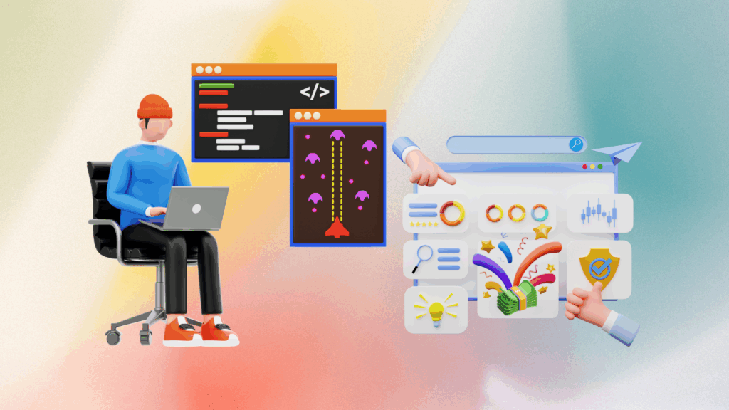 Game developer working on a shooter game with UI elements illustrating the core gameplay loop and player engagement