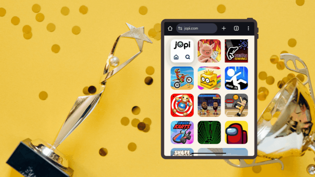 Jopi.com tablet game interface pictured with playful props, illustrating a casual gaming success story with GameDistribution