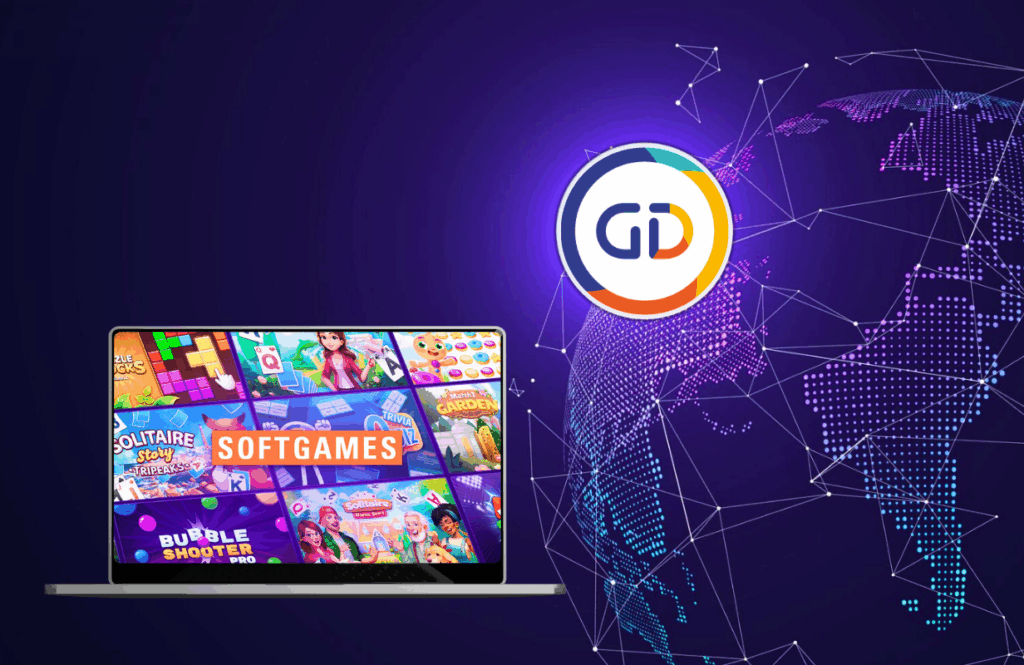 Laptop showcasing SOFTGAMES browser games like Bubble Shooter and Solitaire, with GameDistribution's global reach for the partnership.