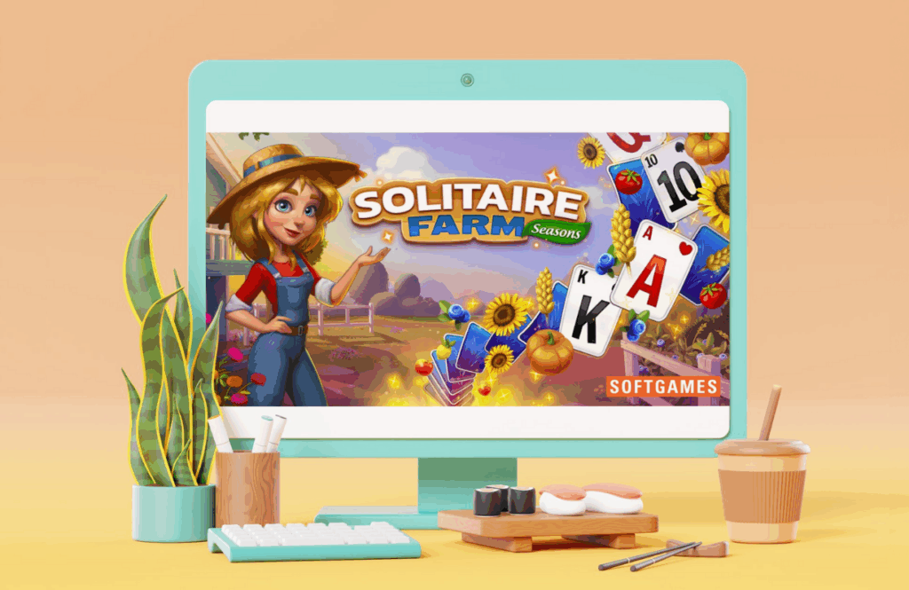 Colorful monitor display featuring SOFTGAMES’ Solitaire Farm: Seasons game, with a character in farm attire and thematic card graphics representing the engaging design of SOFTGAMES HTML5 titles.