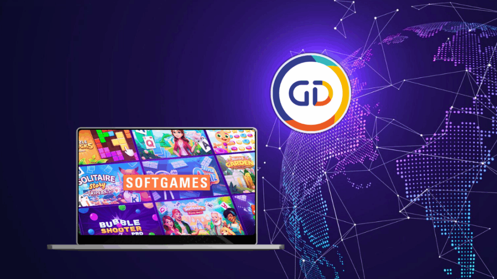 Laptop showcasing SOFTGAMES browser games like Bubble Shooter and Solitaire, with GameDistribution's global reach for the partnership