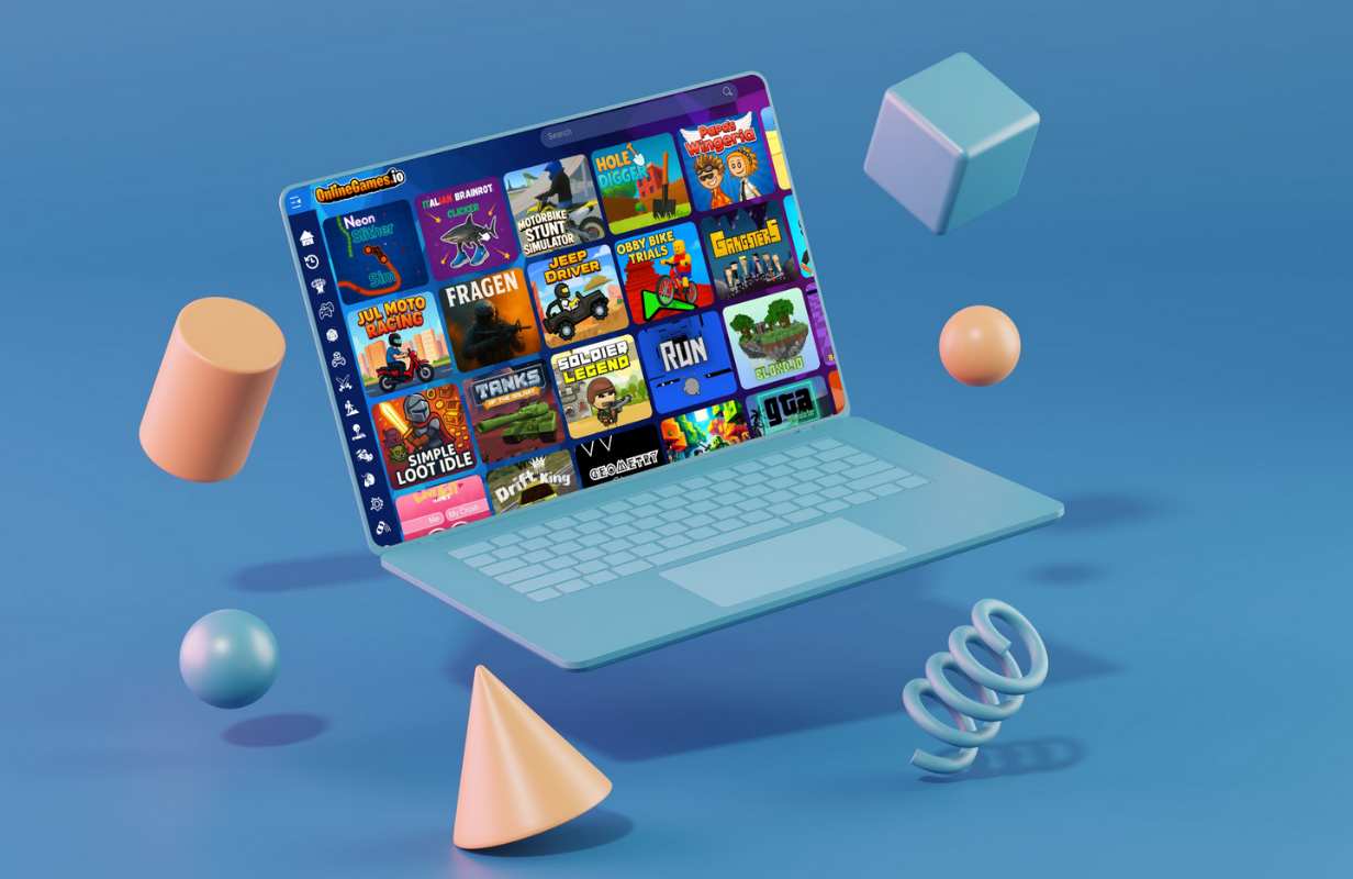 OnlineGames.io interface displaying curated gaming content on a laptop