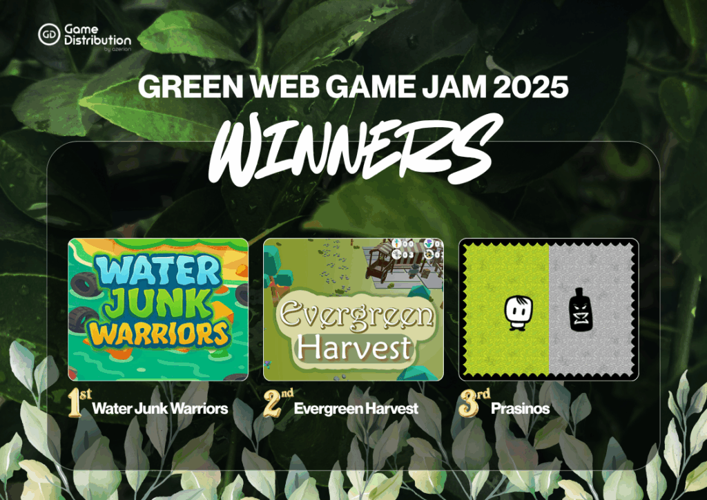 Green Web Game Jam 2025 winners: Water Junk Warriors, Evergreen Harvest, and Prásino featured as top games promoting environmental awareness through browser gameplay