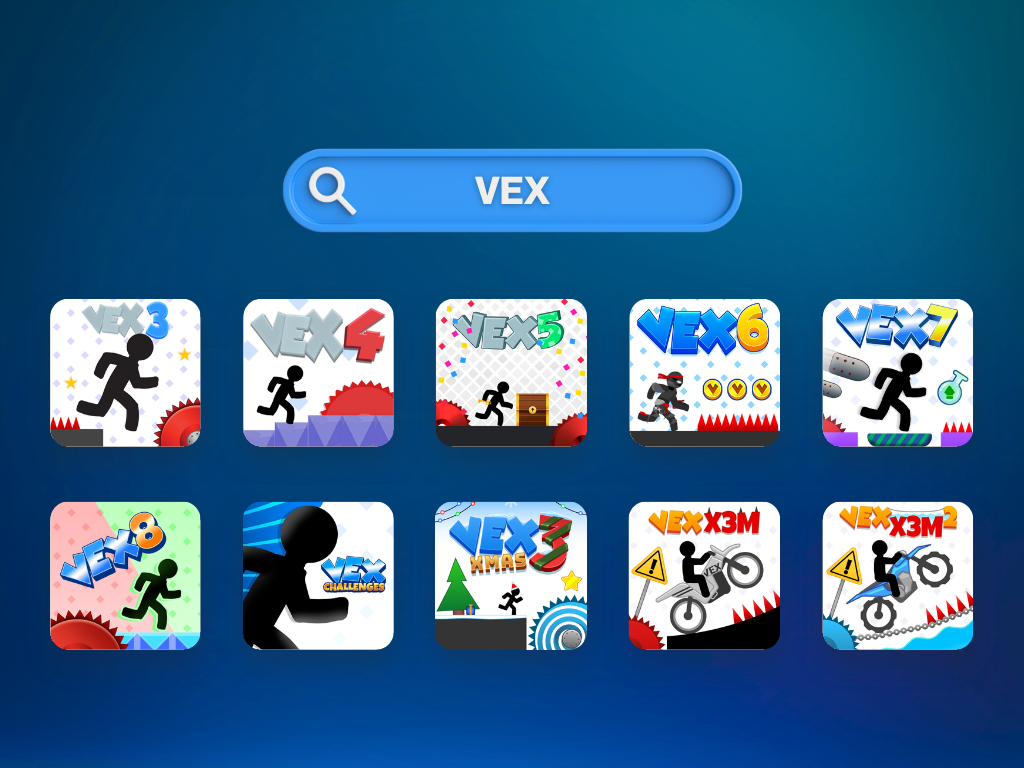 VEX game series lineup including VEX 3 to VEX 8, VEX Challenges, VEX Xmas, and VEX X3M spin-offs featured on GameDistribution catalog