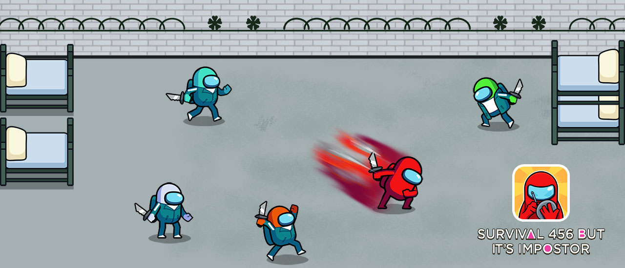 Squid Game - inspired browser game Survival 456 But It’s Impostor showing crewmate characters battling inside a dormitory setting.