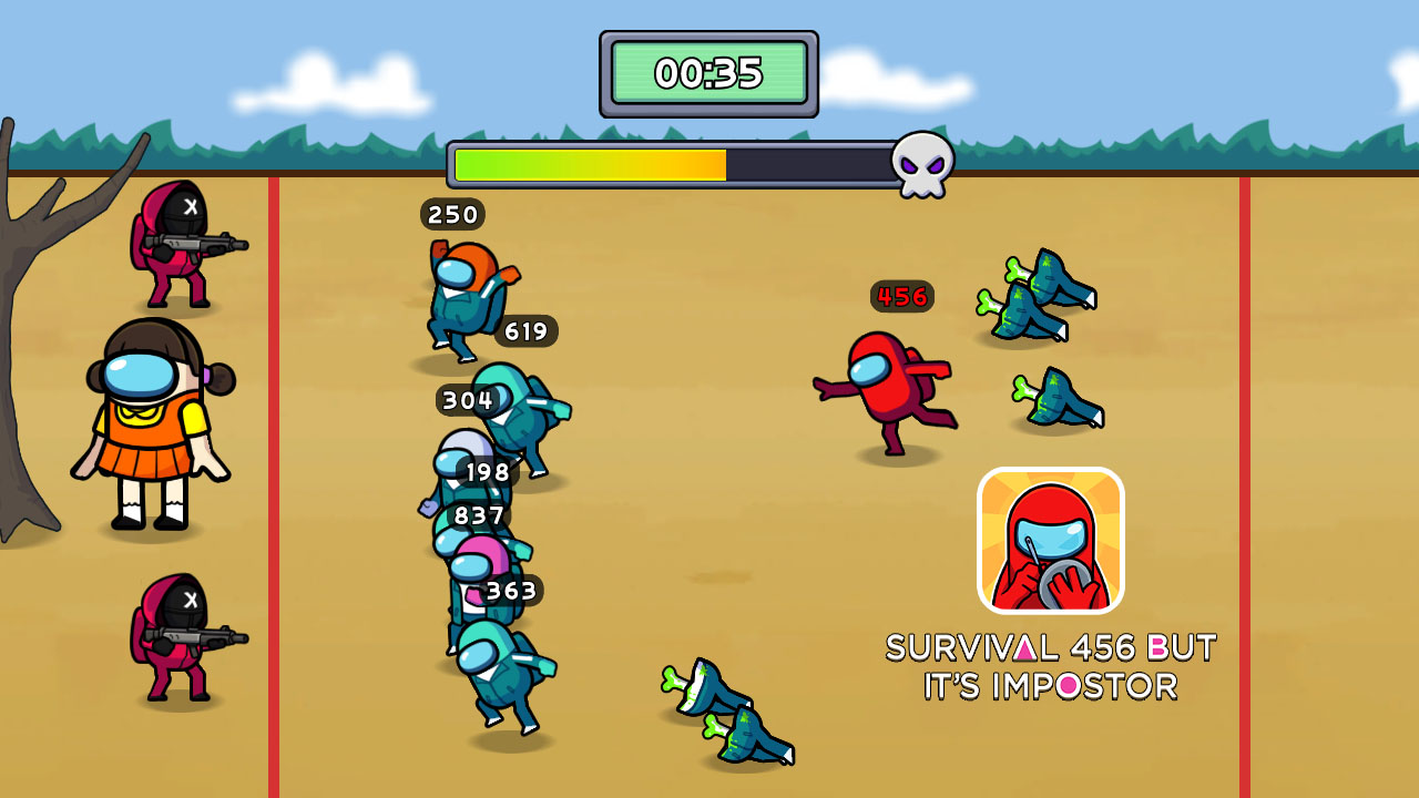 Squid Game - inspired browser game Survival 456 But It’s Impostor featuring crewmates running across a field during a red light green light challenge