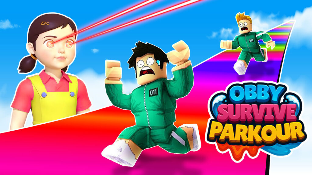 Obby Survive Parkour browser game banner showing players running on a rainbow track while avoiding a giant doll with laser eyes, inspired by Squid Game