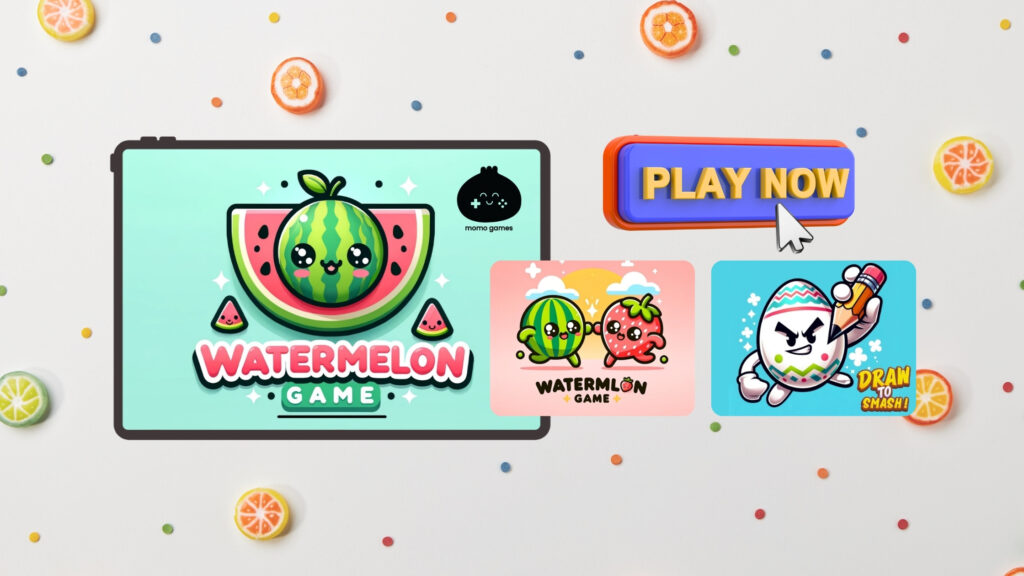 Watermelon Suika Game banner by Momo Games with Play Now button and featured titles