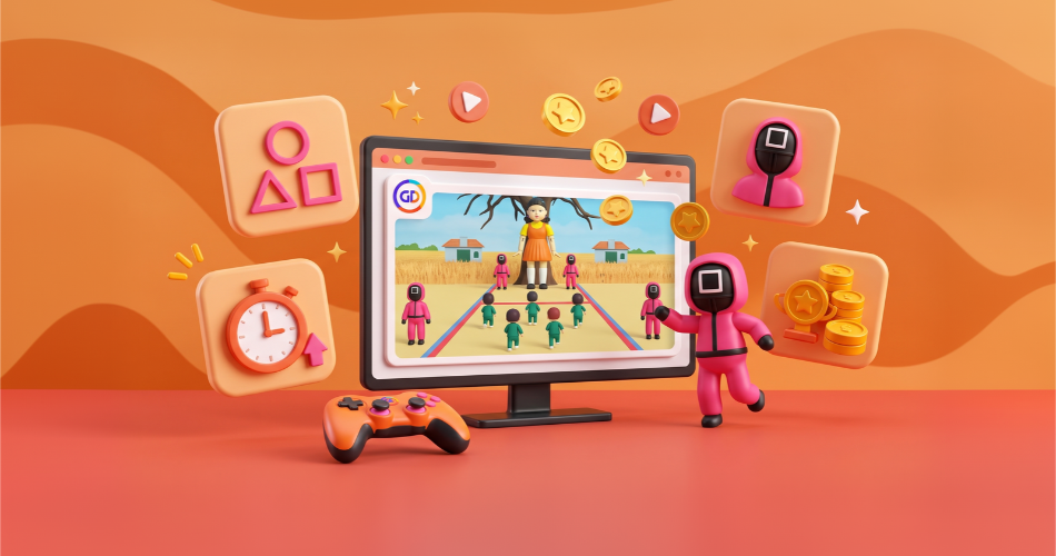 A 3D illustration of a computer monitor displaying a virtual squid game challenge, accompanied by a pink guard character in the foreground, a game controller, and floating icons featuring the iconic shapes, a timer, and gold coins.