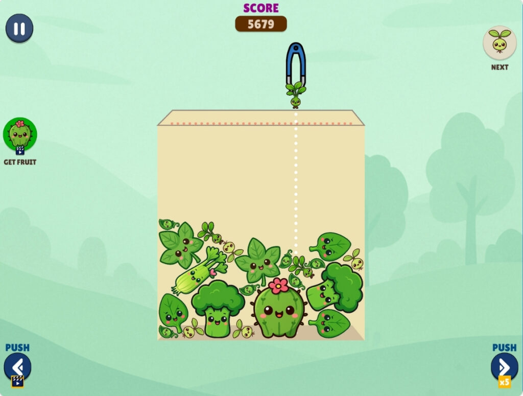 Watermelon Suika Game gameplay for Green Game Jam with vegetable characters