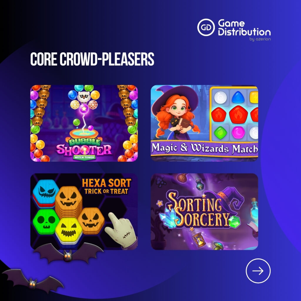Core crowd-pleasers from GameDistribution Halloween games, featuring puzzle and match-3 titles that keep audiences playing longer on publisher sites.