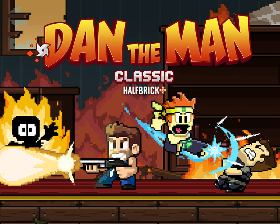Dan The Man game banner showcasing retro pixel graphics from Halfbrick’s action platformer, licensed to GameDistribution via Yes2Games.