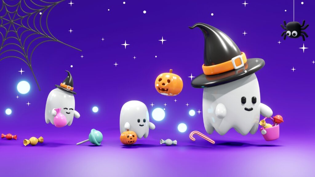 3D Halloween ghosts with pumpkins and candy illustrating GameDistribution Halloween games that help publishers boost traffic and engagement.