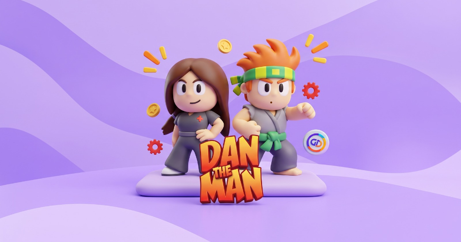 A 3D illustration of the two main characters from Dan The Man standing confidently behind the game's logo on a purple background, surrounded by floating gold coins and red gears.