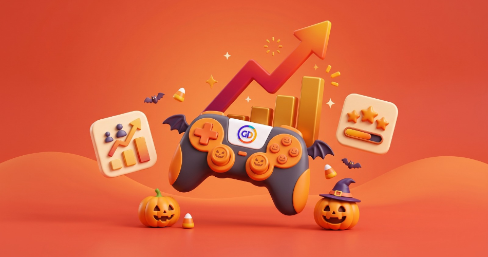 A 3D illustration of a bat-winged game controller surrounded by jack-o'-lanterns, candy corn, and rising growth charts, illustrating how Halloween games can boost player engagement and traffic.