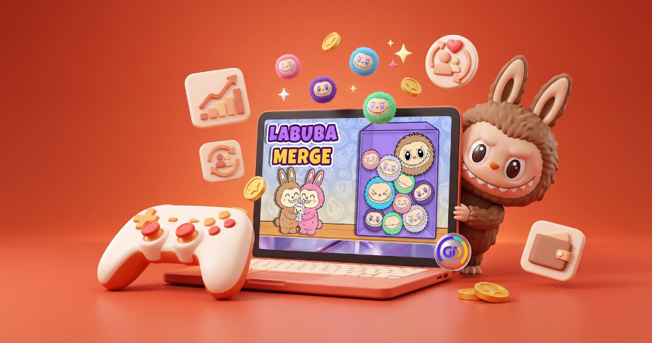 A 3D illustration of a laptop displaying the "Labuba Merge" puzzle game alongside a furry monster character and a game controller, surrounded by floating growth icons and coins to highlight the engaging appeal of labubu games.