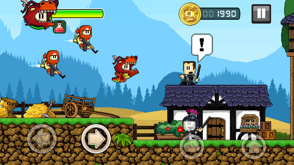 Dan The Man gameplay screenshot showing pixel-art action platformer combat with flying enemies and retro visuals