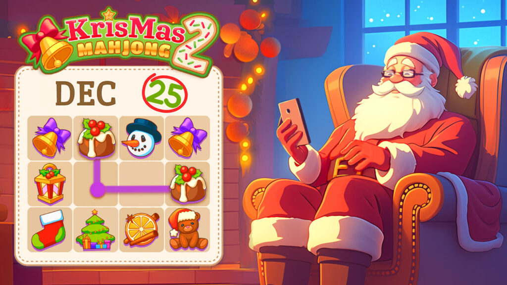 Santa playing KrisMas Mahjong 2, a festive puzzle game featured among the best family Christmas games.