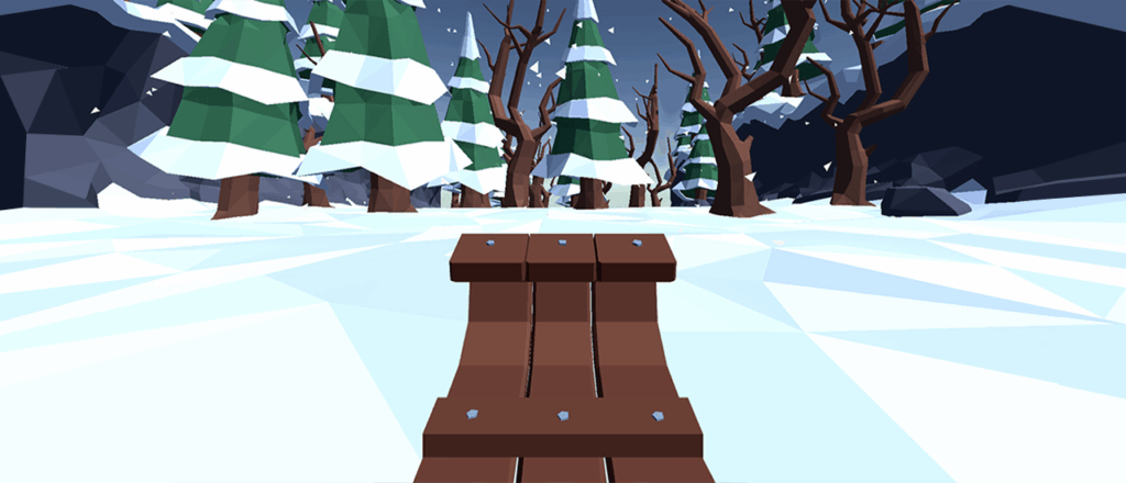 First-person sleigh ride through snowy forest from Snow Rider 3D, a top pick in the best family Christmas games.