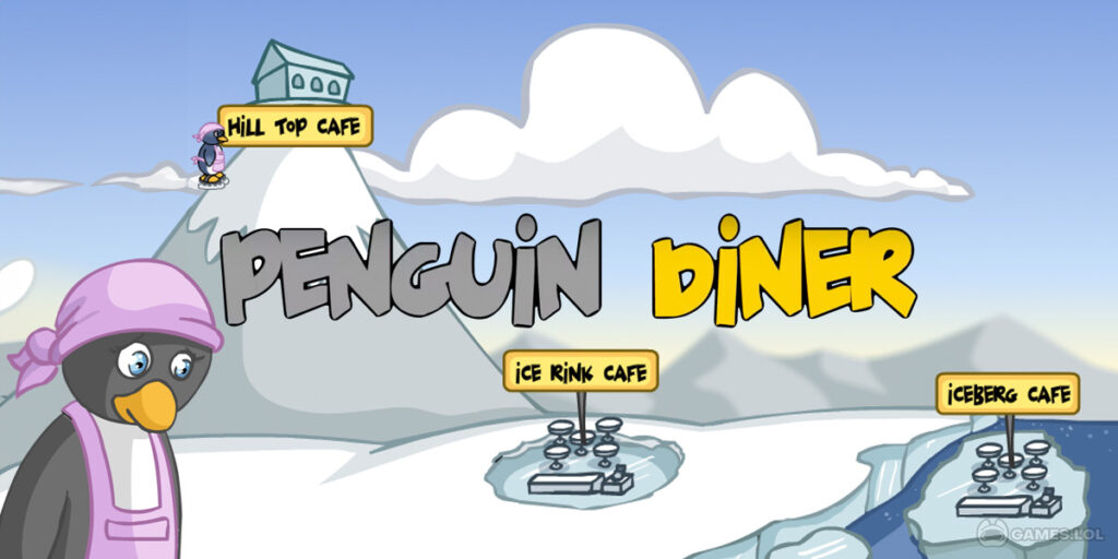 Penguin Diner title screen showing Penny the Penguin at snowy cafes, a nostalgic classic in the best family Christmas games list.