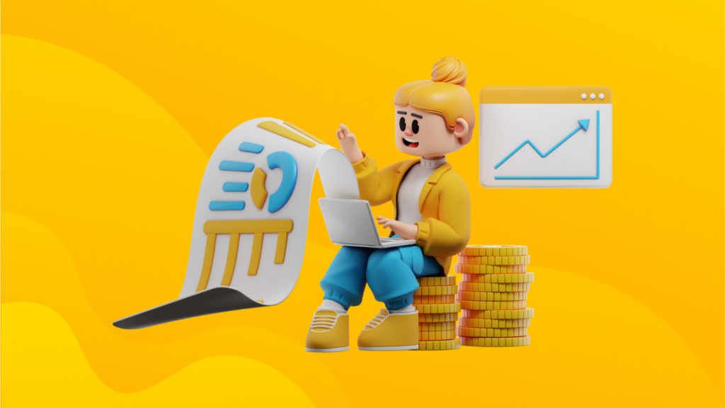 3D character reviewing performance metrics and earnings, representing effective game monetization techniques and revenue optimization