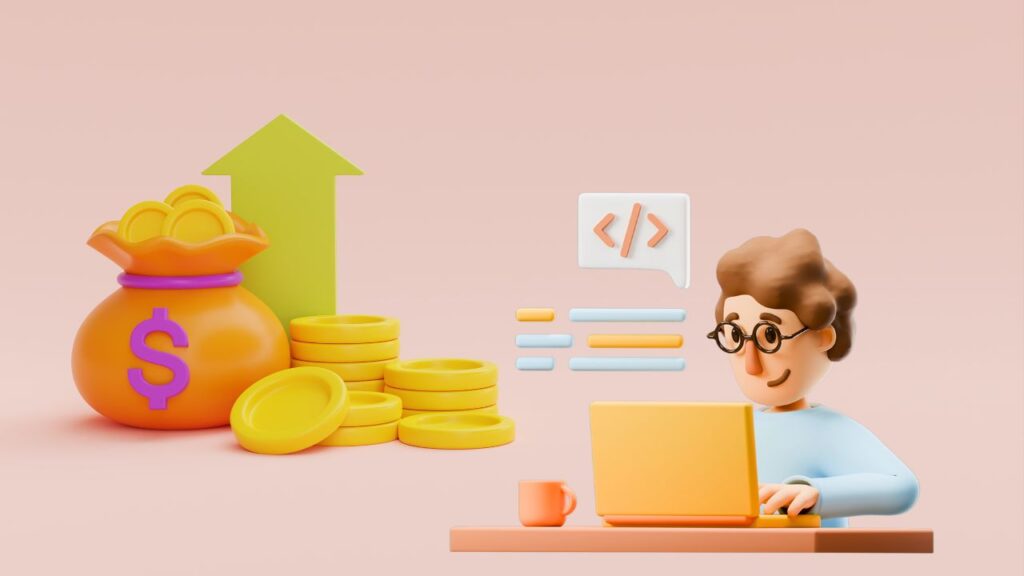 Illustration of an HTML5 indie game developer working on a laptop with symbols of revenue growth and monetization.