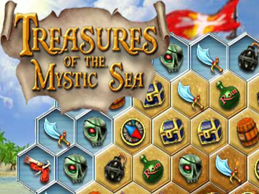 Treasures of the Mystic Sea match-3 gameplay with adventure-themed icons and hexagonal grid