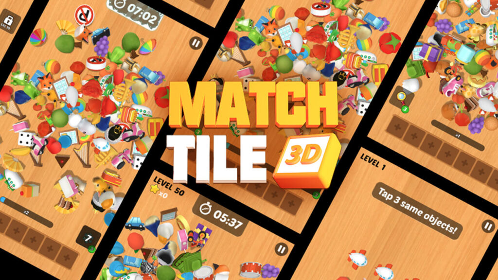 Match Tile 3D puzzle gameplay showing players matching objects in a 3D room environment