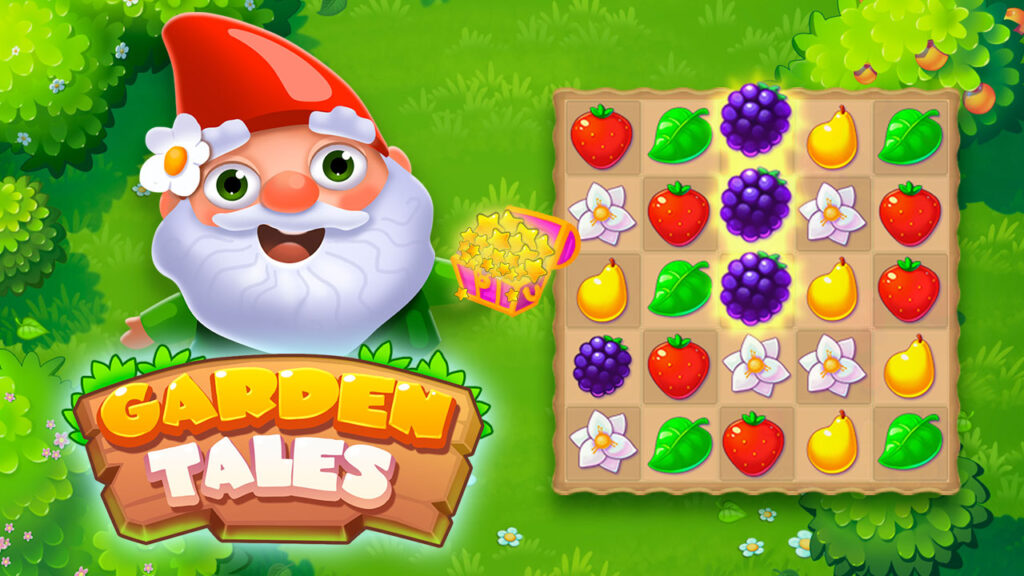 Garden Tales match-3 game featuring the iconic gnome character and classic puzzle board layout