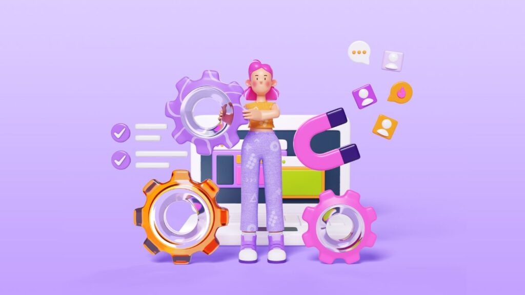 Illustration representing web gaming infrastructure and audience engagement, showing tools, integration elements, and interactive content on the web.