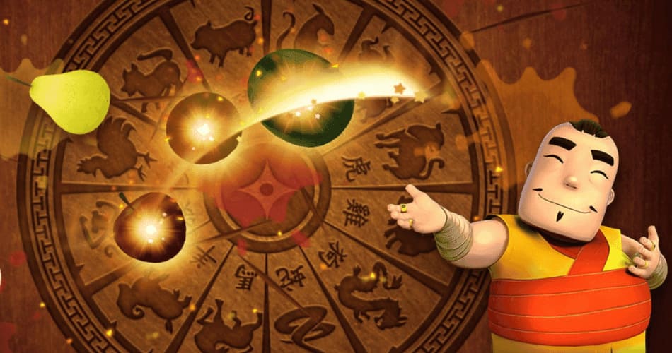 The Sensei character and glowing sliced fruits in Fruit Ninja, demonstrating dynamic visual game marketing.