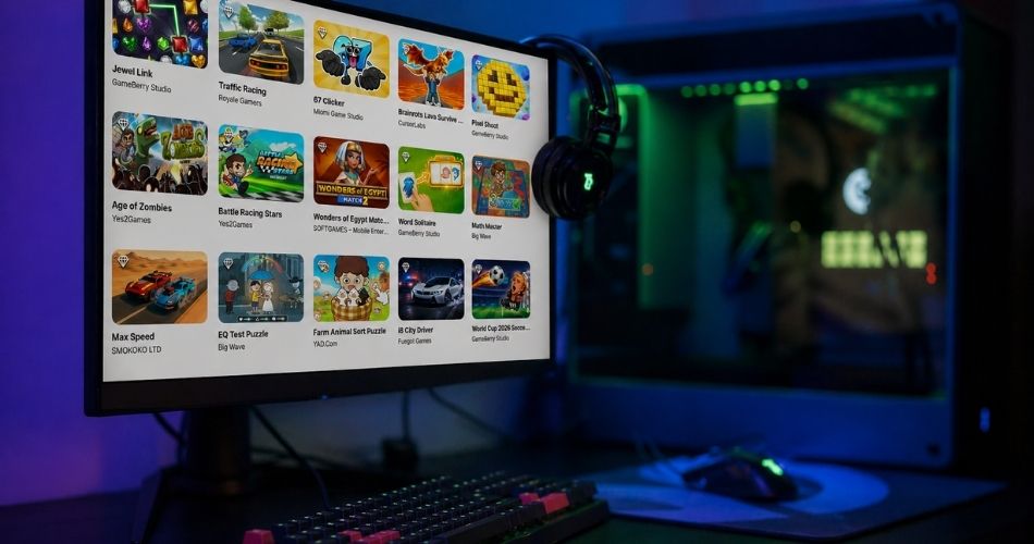 Modern gaming setup with a curved monitor displaying a colorful online game catalog, illustrating how strong visuals and smart positioning help titles compete in a crowded industry. This image supports strategies for game marketing, showing how presentation, discoverability, and branding can help you on how to promote an indie game and make your game stand out in a saturated market.