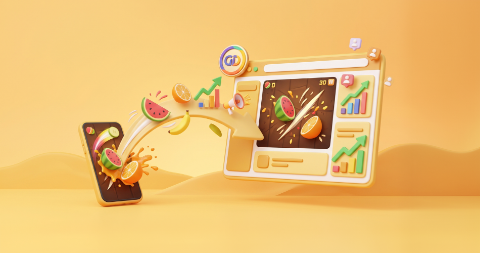 A 3D illustration showing a fruit-slicing game transitioning from a mobile phone to a web browser, accompanied by rising growth charts and a megaphone to symbolize effective game marketing strategies.