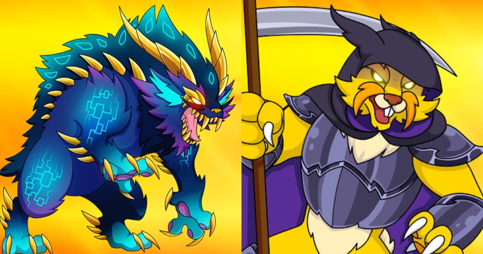 Colorful fantasy creatures from the Dynamons World game, featuring a glowing blue beast and an armored warrior character against a bright yellow background, highlighting the creativity behind successful game developers and engaging monster-battle design.