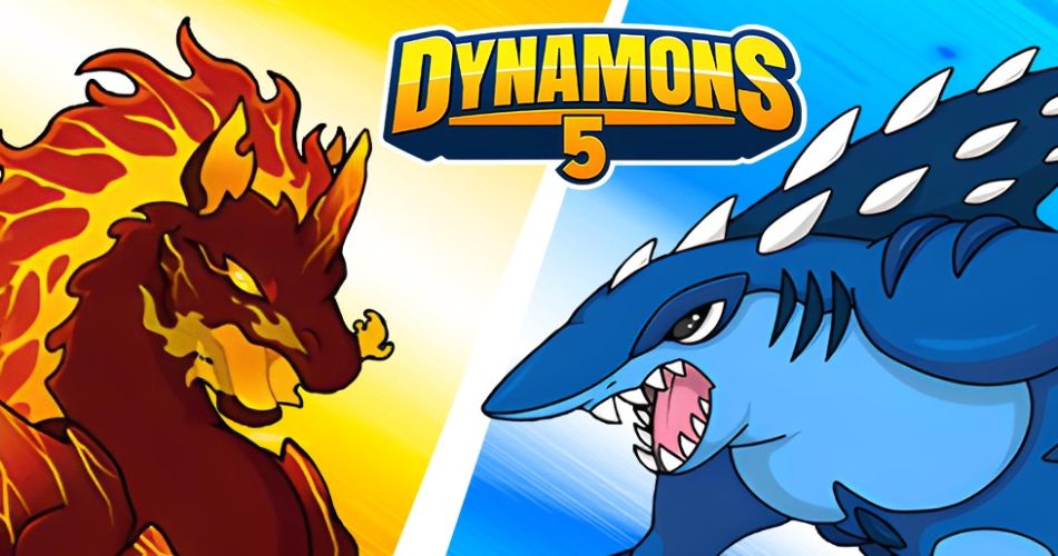 Promotional artwork for the Dynamons World game featuring a fiery dragon battling a powerful shark-like creature, showcasing the bold monster designs and creativity behind successful game developers and hit fantasy battle games.
