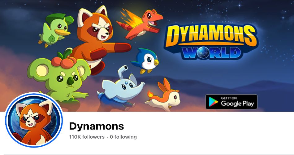 Screenshot of the Facebook page of the Dynamons World game, showcasing their 110k followers. A navy-blue background filled with green, orange and blue creatures from the game.