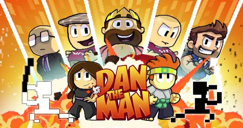 A vibrant cast of pixel art characters surrounds the Dan The Man logo, highlighting the charm of the best platformer games.