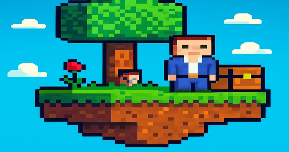 A blocky character stands on a floating dirt island with a tree and a chest, showcasing the survival elements found in this platformer game.