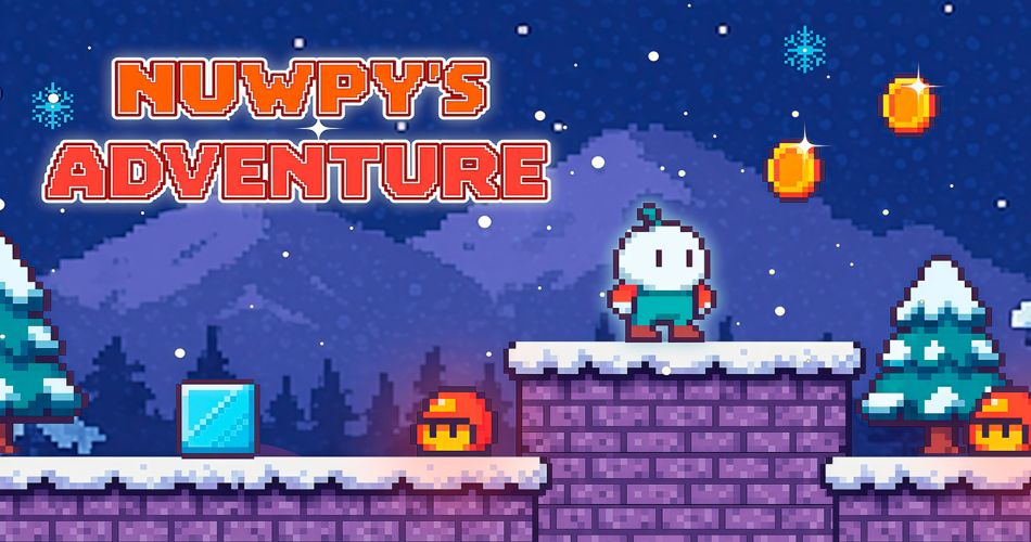  promotional gameplay screenshot for the pixel art game Nuwpy's Adventure. The image depicts a snowy, star-filled night scene with purple mountains and snow-covered pine trees in the background. The main character, a round white figure wearing green overalls, stands on a snow-capped purple brick platform. Below him are a translucent blue ice block and a small round orange enemy. Floating gold coins and bright snowflakes dot the dark blue sky. 