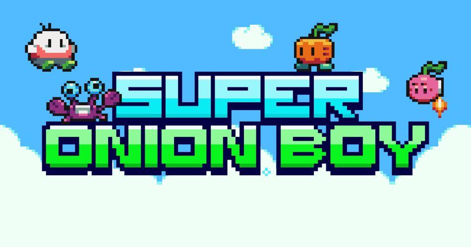 The Super Onion Boy pixel art logo surrounded by cute enemy characters against a blue sky, showcasing the nostalgic appeal of the best platformer games.