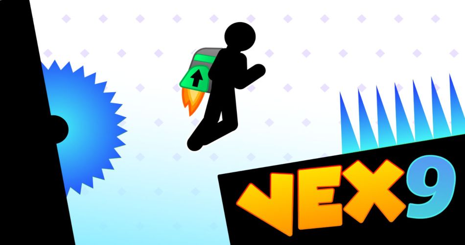 A stick figure wearing a jetpack dodges a saw blade and blue spikes in Vex 9, demonstrating features of the best platformer games.