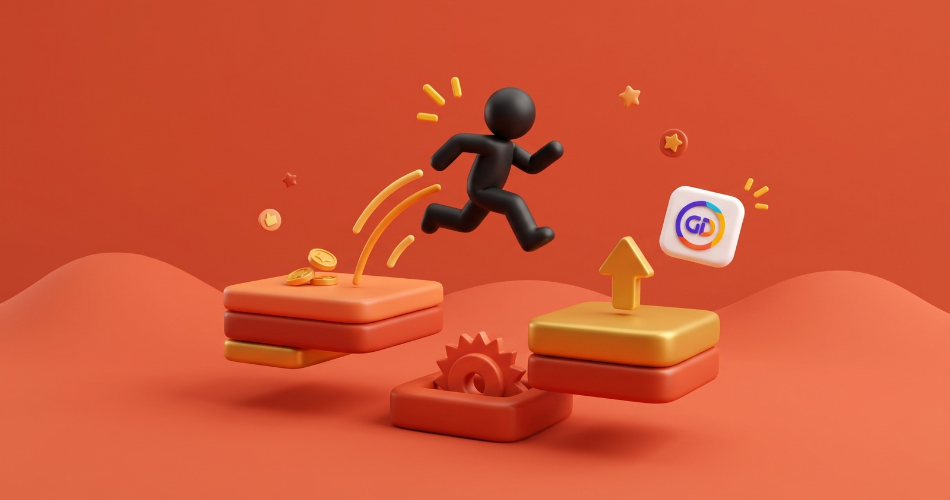 A 3D illustration on an orange background showing a black figure jumping between floating platforms over a gear hazard, highlighting classic mechanics like running and collecting coins found in platformer games.